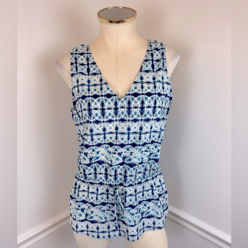 BANANA REPUBLIC Blue & White Sleeveless Drawstring Waist Top | Size Petite S